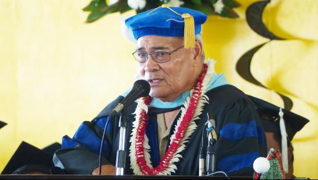 Gov. Lolo Matalasi Moliga during his special remarks at last Friday’s American Samoa Community College Fall Commencement at the ASCC Gymnasium.  [photo: Leua Aiono Frost]