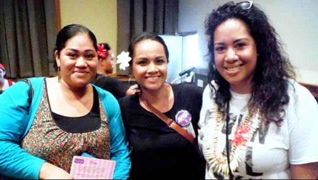 Organizer Doris Tulifau (right) celebrates after the conclusion of a successful Poetry Slam at ASCC in late April. Joining her are guest speaker Sala Pa’au (left) and Sina Auva’a Hudson of the ASCC Student Services Division. The Poetry Slam, which featured students from ASCC and local high schools, went by the theme “Embrace Your Voice” to empower young people to speak out about domestic and sexual violence.  [photo: J. Kneubuhl]