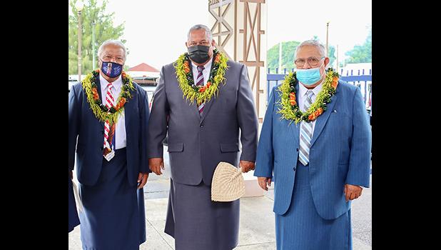 Pictured [l-r], House Speaker Savali Talavou Ale, Gov. Lemanu Peleti Mauga, and Senate President Tuaolo Manaia Fruean. [photo: Gov’s Office]