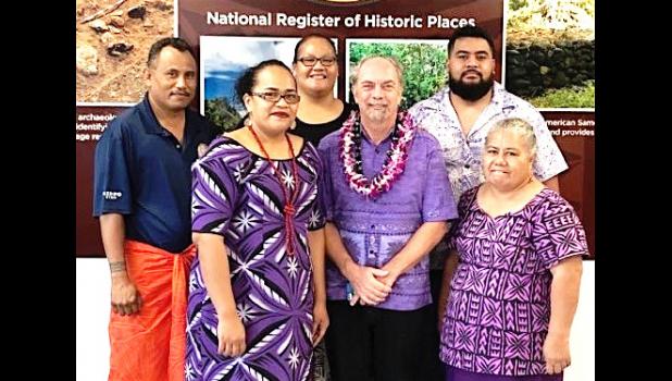  (back row l-r): Chris Ausage, staff historian; Tish Peau, Historic Preservation Officer and executive director; and Lance Te'i, GIS specialist and historian tech. (front row l-r) Flo Aetonu, grant manager; former Historic Preservation Officer turned consultant, David Herdrich; and Epi Suafo'a-Taua'i, archaeological technician
