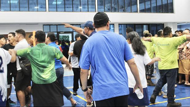 Seen here is a scene from the ASHSAA championship basketball game at the Manumalo Gymnasium, where a fight broke out after the trophy presentation ceremony that awarded the 2023 championship to Manumalo Academy, having won their game against Nuuuli Technical Vocational High School. Crowd at the basketball game
