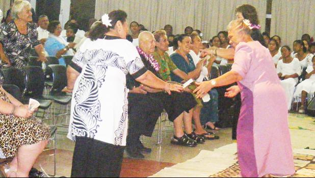 Family members of the late Congressman Faleomavaega Eni Hunkin doing a Samoan siva, to one of Faleomavaega’s songs about his beloved village of Vailoatai. The song was performed by the CCCAS Vailoatai Choir, led by its Rev. Faletoi Uso. [photo: FS]