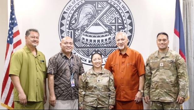 Governor Pulaali’i Nikolao Pula with LTC Hope Hashimoto and SSG Joshua T. Fale during discussions between the American Samoa Department of Health and the 1984th U.S. Army Hospital-Pacific. Governor Pulaali’i Nikolao Pula with LTC Hope Hashimoto and SSG Joshua T. Fale