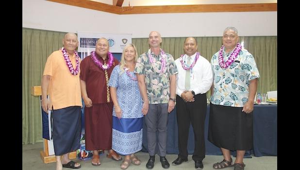 Walter and Tina Panzirer (middle) and government officials after the ceremony for the official announcement of the $3.2 million from the Leona M. and Harry B. Helmsley Charitable Trust last Thursday. (l-r) Faipule Fainuúlelei Anthony Allen, Chief of Staff Loa Tuimavave Laupola, Tina Panzirer, Walter Panzirer, LBJ CEO Dr. Akapusi Ledua and DOH Director Motusa Tuileama Nua. Walter and Tina Panzirer (middle) and government official