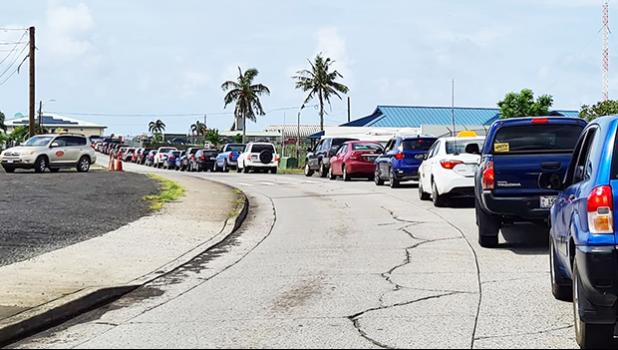 Vehicles lined up at Drive thru vax site