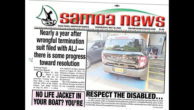 May 25, 2022 front page of Samoa News showing illegally parked KVZK vehicle.