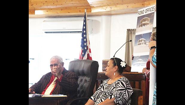Senate President Tuaolo Manaia and legal counsel Mitzie Jessop-Ta’ase with drawings of proposed fono offices