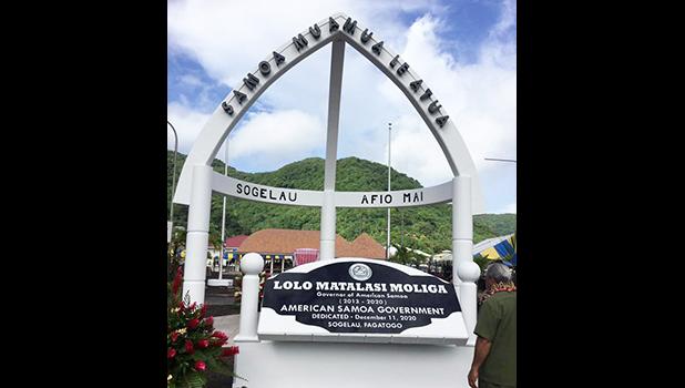 The Archway and one of the two monuments — this one dedicated to Gov. Lolo Matalasi Moliga
