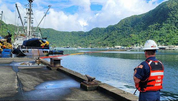 “The American Samoa exercise demonstrated the importance of collaboration with partners to protect Pago Pago Harbor,” said Chief Warrant Officer 3 Shannon McGregor, a Marine Science Technician at Coast Guard Sector Honolulu. “The exercise also supports the Coast Guard’s efforts to increase its presence and partnerships in the Indo-Pacific.” Containment device being deployed