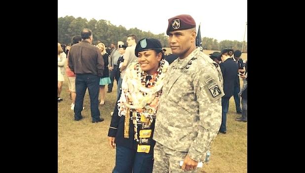 Pfc. Sabrina Vimoto with her father Command Sgt. Maj. Isaia Vimoto