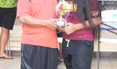 Frieda Vaaimamao, right, of the Tafuna Warriors receives her ASHSAA Girls J-V MVP award DOE’s Liatama Amisone Sr. on Wednesday, March 14, 2018 at Pago Park Soccer Stadium.  [FFAS MEDIA/Brian Vitolio] 
