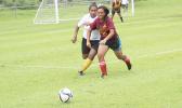 Tafuna’s Shaloriana Tauaofa successfully defends against the Cougars’ Adi Muanivanua during their ASHSAA Girls varsity soccer game on Monday, Feb. 4, 2017 at Pago Park Soccer Stadium.   [FFAS MEDIA/Brian Vitolio]